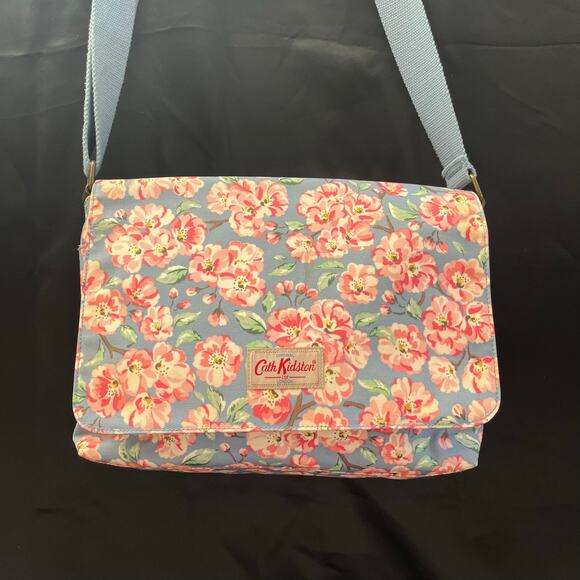 Cath Kidston Floral Messenger Bag Blue Pink Blossom Print Great Condition - Picture 1 of 10
